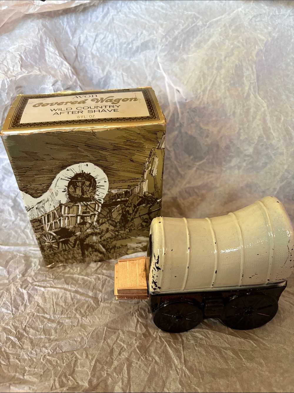 Avon Wild Country Covered Wagon After Shave Bottle - Cream & Brown